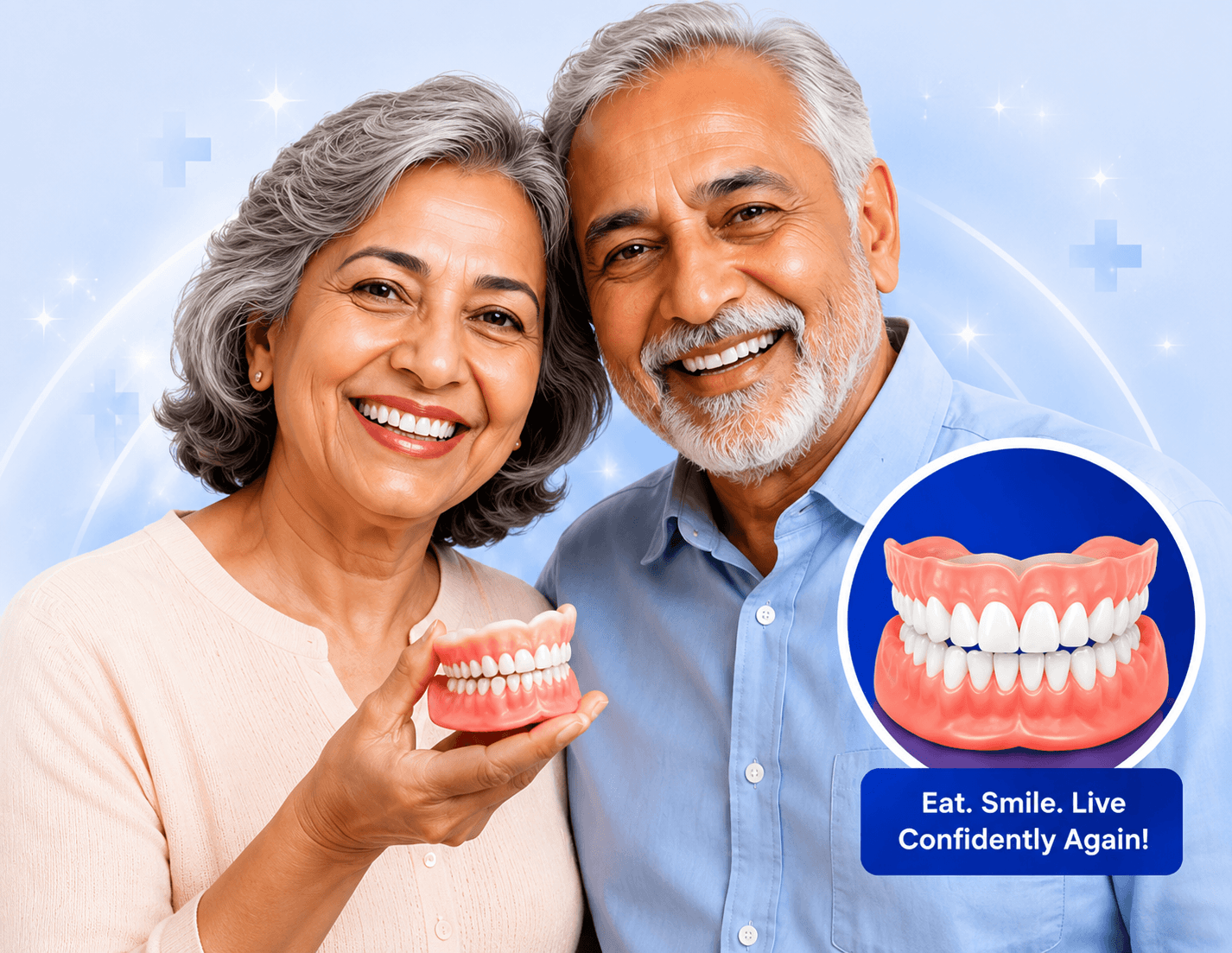 Happy older couple smiling with comfortable dentures