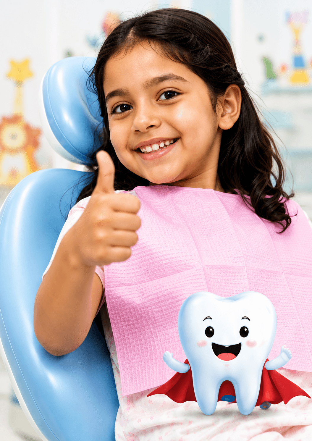 Child smiling at the dentist giving a thumbs up